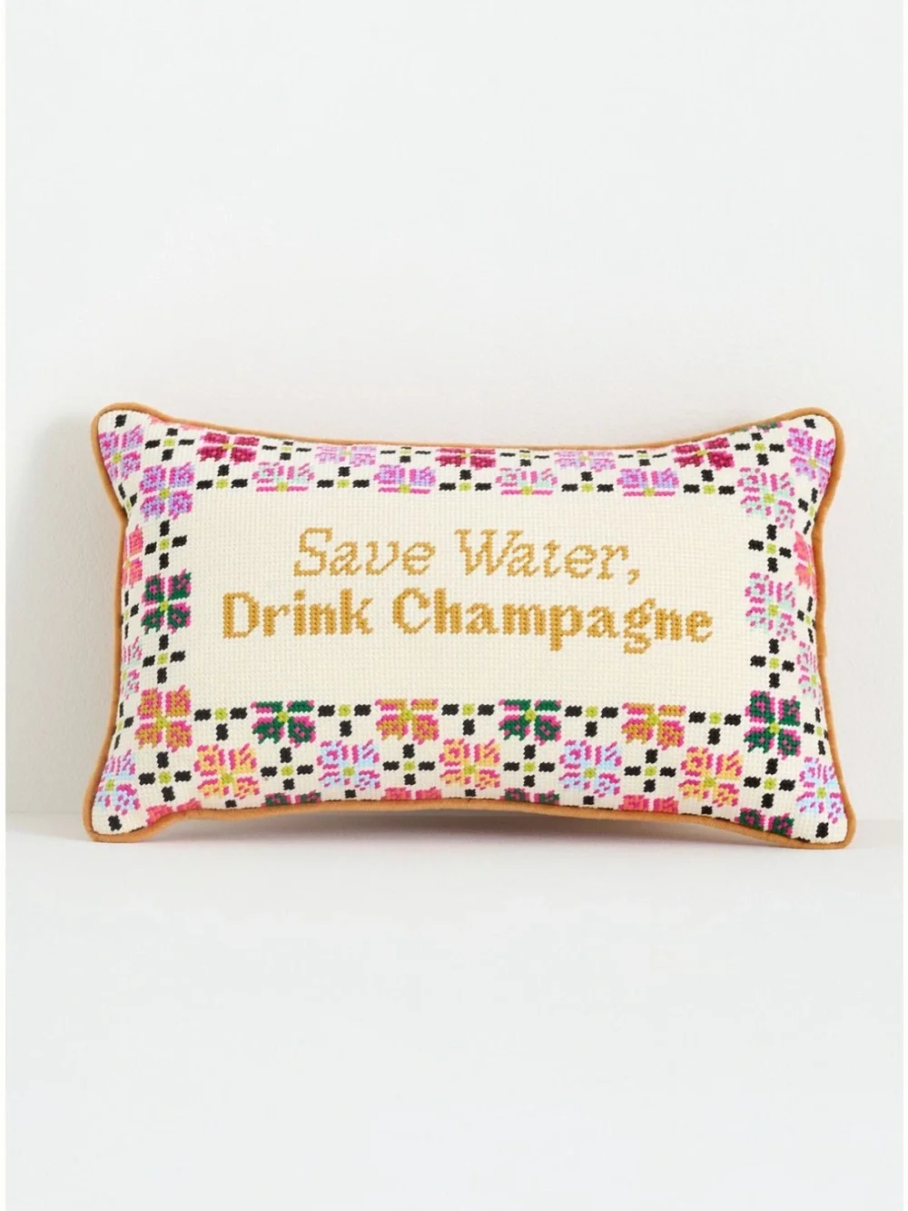 Anthropologie Petite “Save Water, Drink Champagne” Needlepoint Pillow NWT